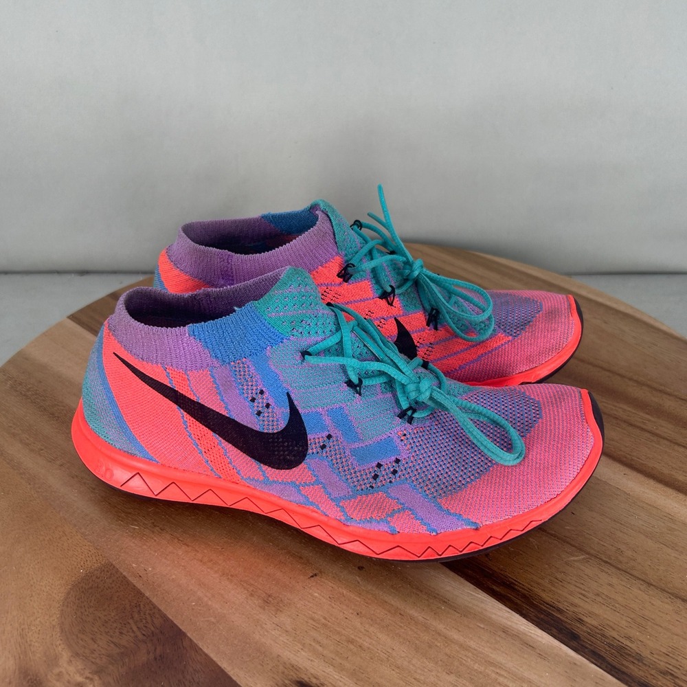 Nike Free 3.0 Flyknit Womens Running Shoes Size 7 Pink Blue Teal 718420-300